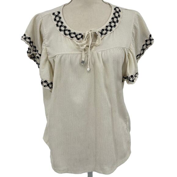 Adrienne Vittadini Cream Embroidered Tie-Neck Blouse Size S - Picture 1 of 11